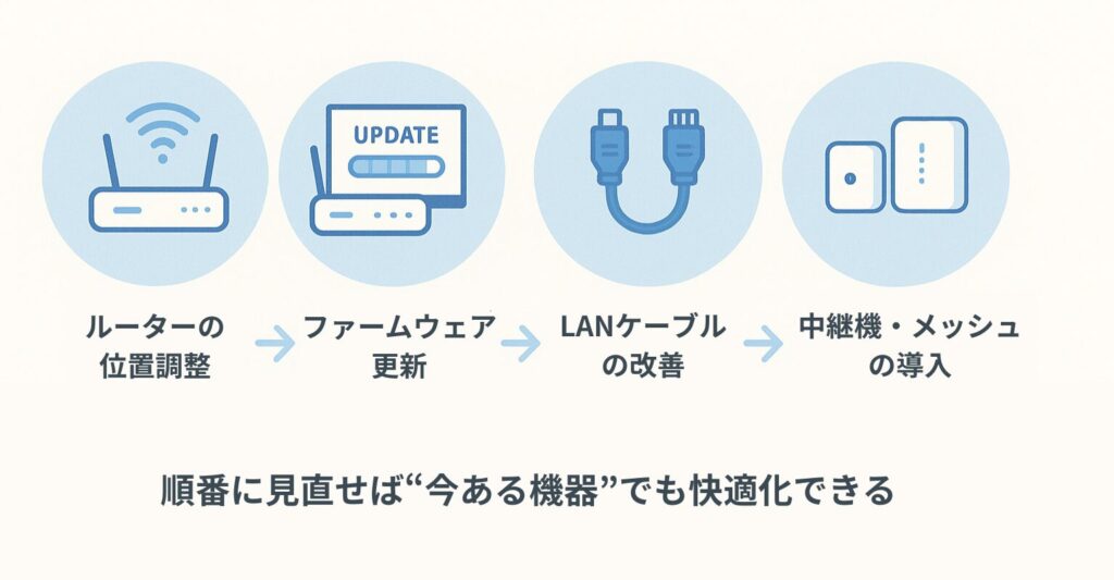 家庭内でWi-Fi環境を改善する手順を示すフロー図。ルーターの位置調整→ファームウェア更新→LANケーブル確認→中継機・メッシュ導入の順で改善できることを表す。