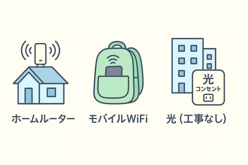 ホームルーター・モバイルWiFi・光コンセントを並べて比較したイラスト