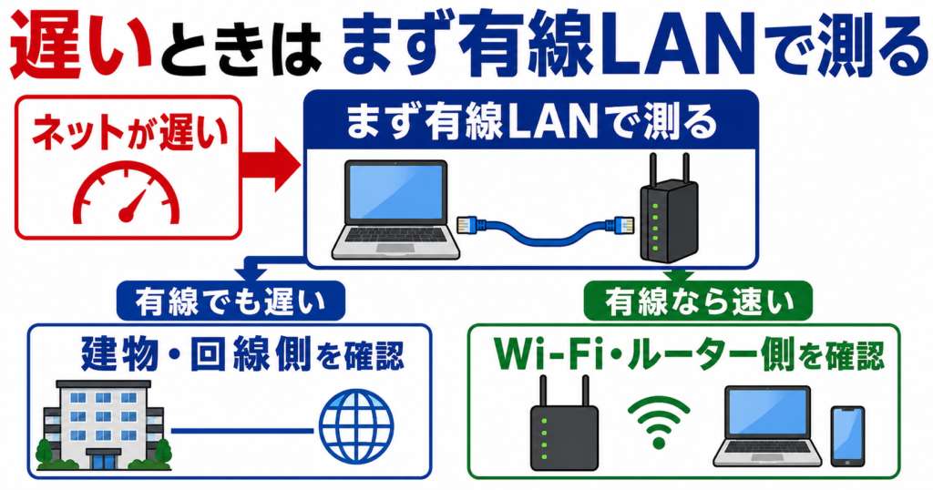 ネットが遅いときに有線LANで測り、有線でも遅ければ建物・回線側、有線なら速ければWi-Fi・ルーター側を確認する切り分け図
