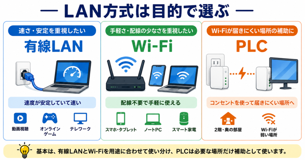 有線LANは速さと安定性、Wi-Fiは手軽さ、PLCはWi-Fiが届きにくい場所の補助に向くことを示した図