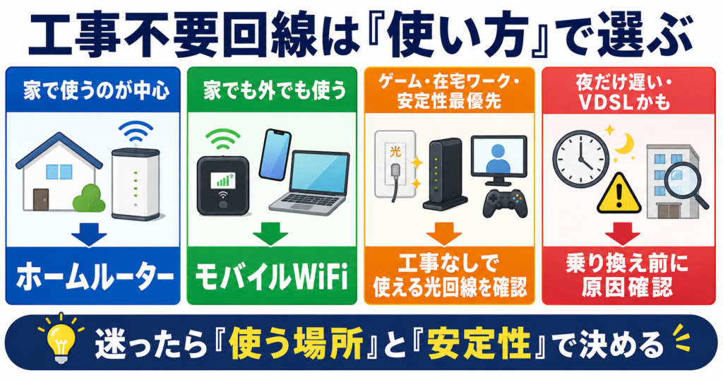 家メインならホームルーター、外でも使うならモバイルWiFi、ゲームや在宅ワークで安定性を重視するなら工事なしで使える光回線、夜だけ遅い場合は乗り換え前に原因確認へ分ける判断図。