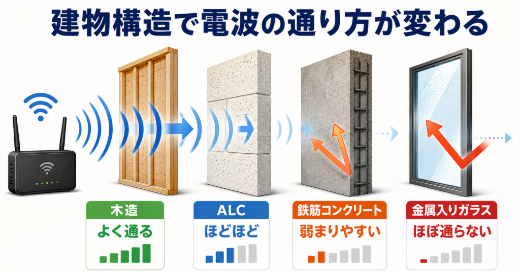 木造・ALC・鉄筋コンクリート・金属入りガラスでWi-Fi電波の通りやすさが違うことを比較した図