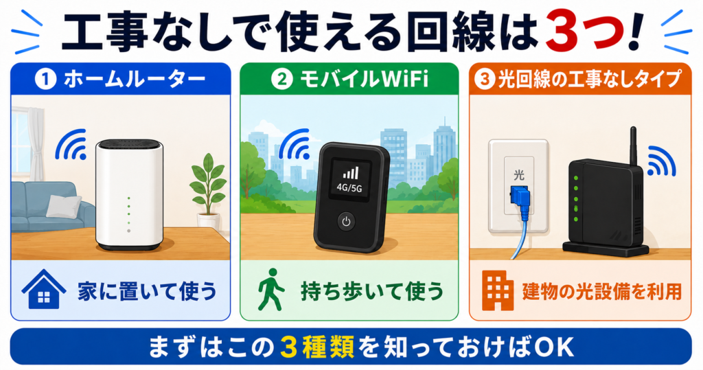 工事不要で使える主な選択肢として、家に置くホームルーター、持ち歩くモバイルWiFi、建物の光設備を利用する光回線の3種類を示す図。