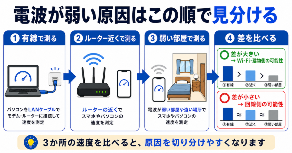 有線・ルーター近く・電波が弱い部屋の速度を順に測り、速度差からWi-Fi・建物側か回線側かを切り分ける手順図