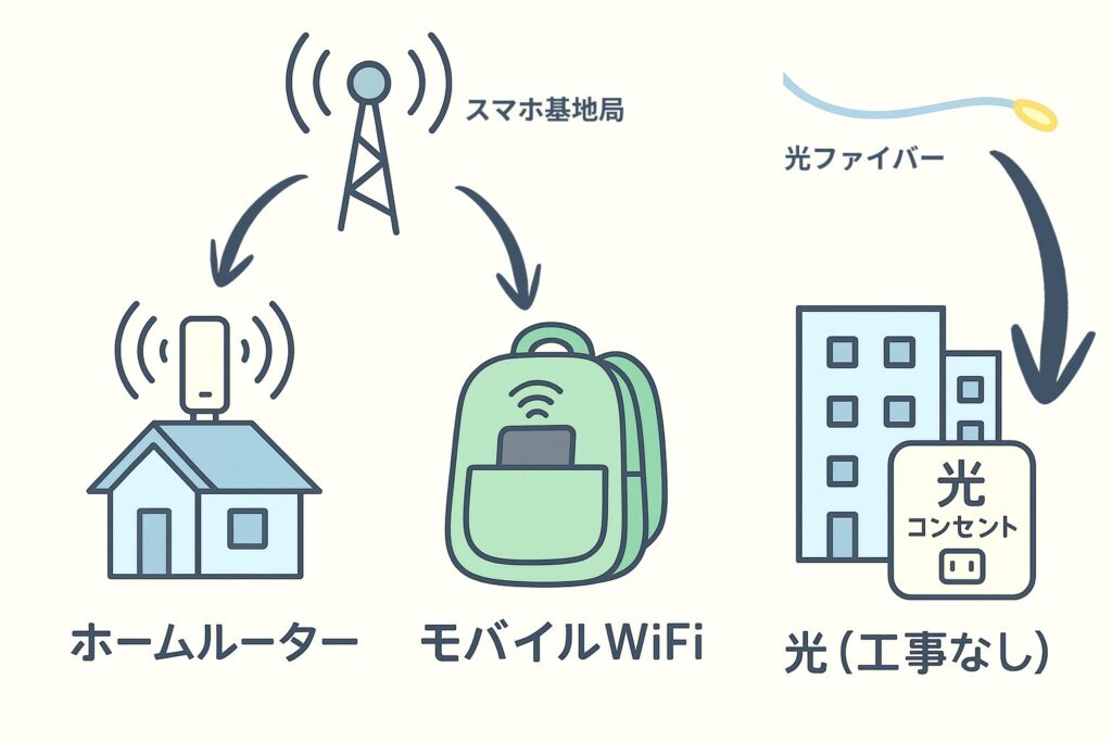 スマホ基地局からホームルーターとモバイルWiFiへ電波が届く様子、光ファイバーが建物の光コンセントへ接続される様子を示した図。3種類の“電波のもらい先”を矢印でわかりやすく表示している。