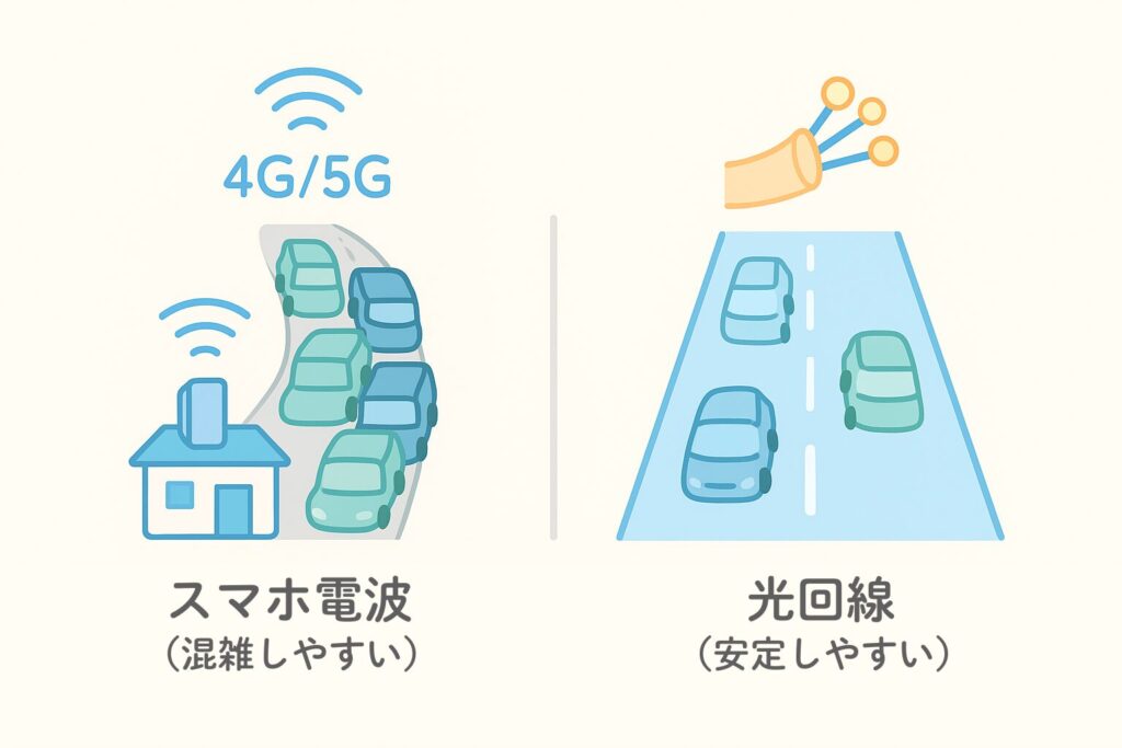 スマホ電波は細い道路で渋滞しやすい。光回線は太い専用道路でスムーズに通信できることを示す比較図。