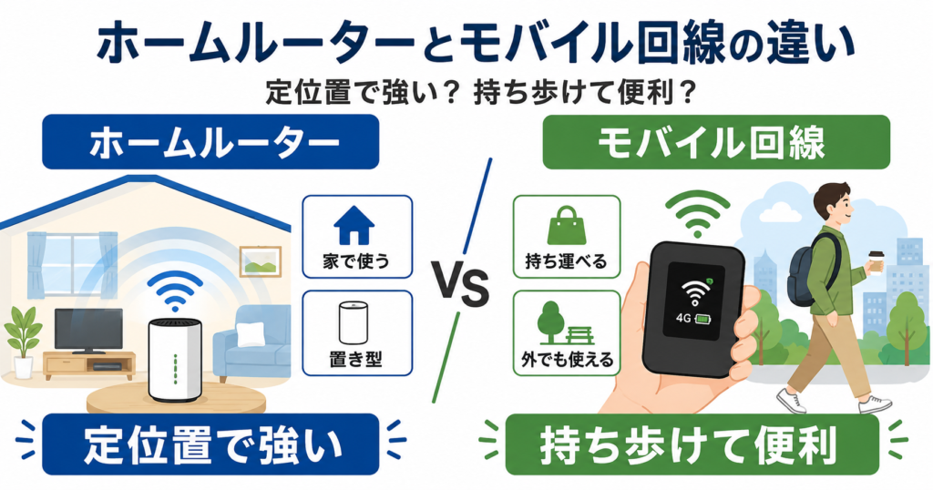 ホームルーターは家で使う置き型、モバイル回線は持ち運んで使えるタイプという違いを示した図