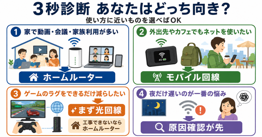 家で使うならホームルーター、外でも使うならモバイル回線、ゲーム重視ならまず光回線、夜だけ遅い場合は原因確認を優先する判断図