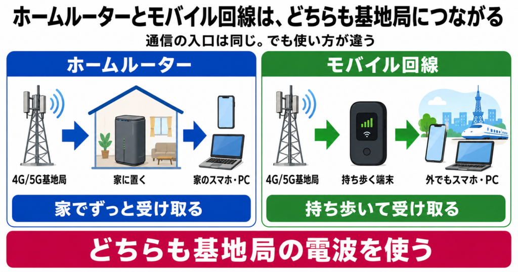 ホームルーターとモバイル回線はいずれも4G・5G基地局の電波を利用し、ホームルーターは家に固定して使い、モバイル回線は端末を持ち歩いて使う仕組みの違いを示す図。