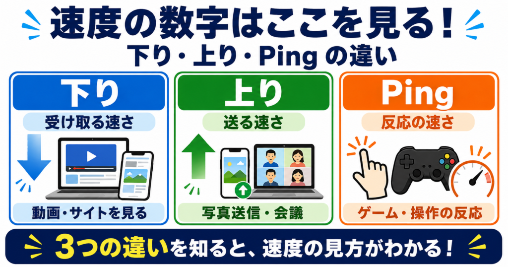 下りはデータを受け取る速さ、上りはデータを送る速さ、Pingは操作してから反応するまでの速さを示す3つの指標を比較した図。