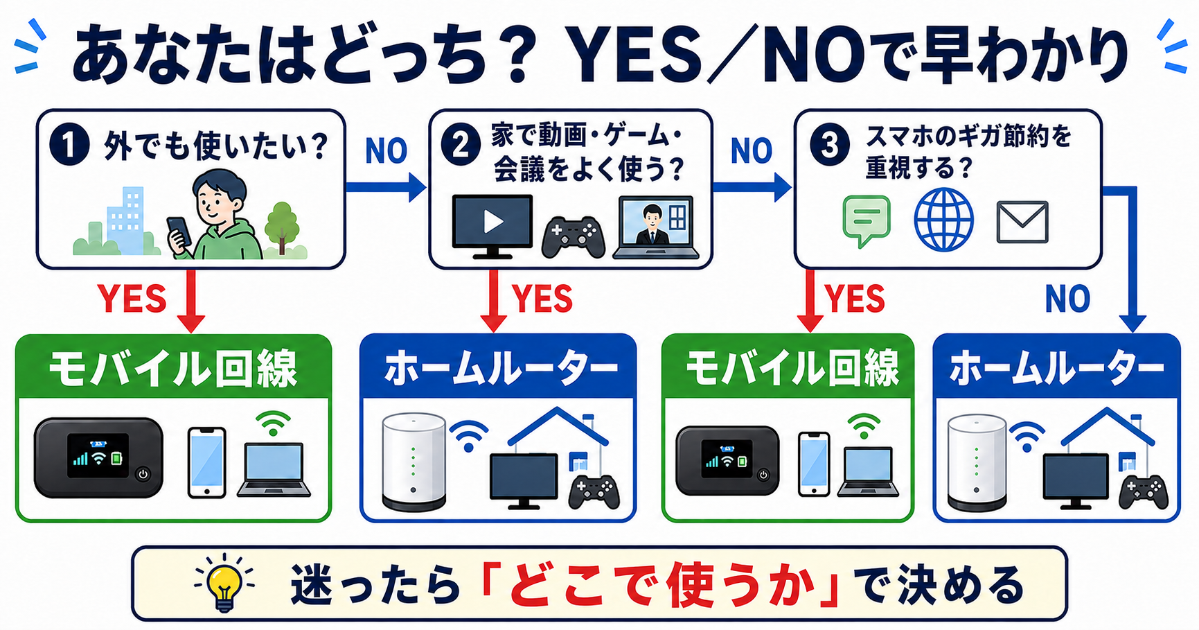 ホームルーターとモバイル回線のどちらが合うかを、外でも使うか、家で動画・ゲーム・会議をよく使うか、スマホのギガ節約を重視するかのYES／NOで判断するフローチャート。