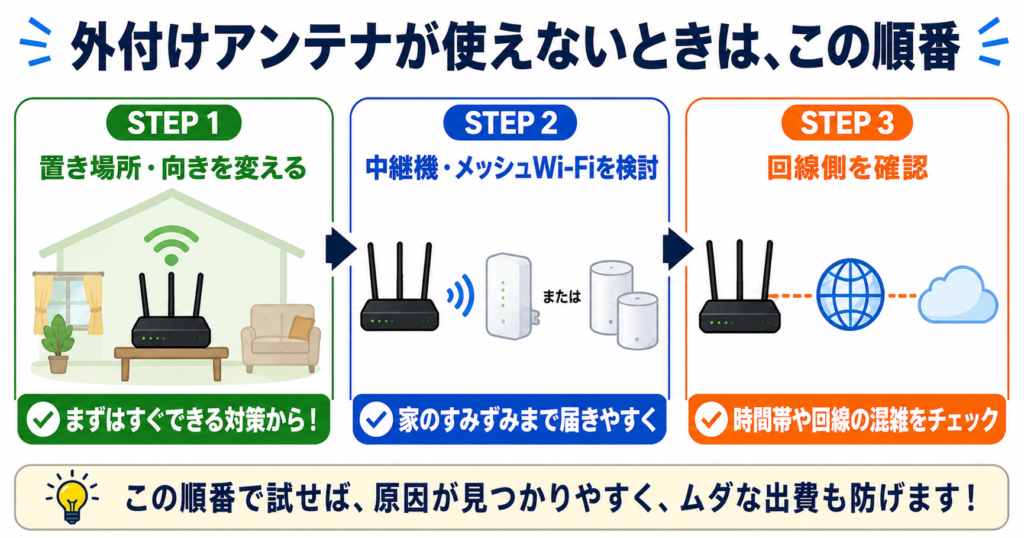 外付けアンテナが使えないときに、ルーターの置き場所と向きを見直し、中継機・メッシュWi-Fiを検討し、それでも改善しなければ回線側を確認する順番を示す行動図。
