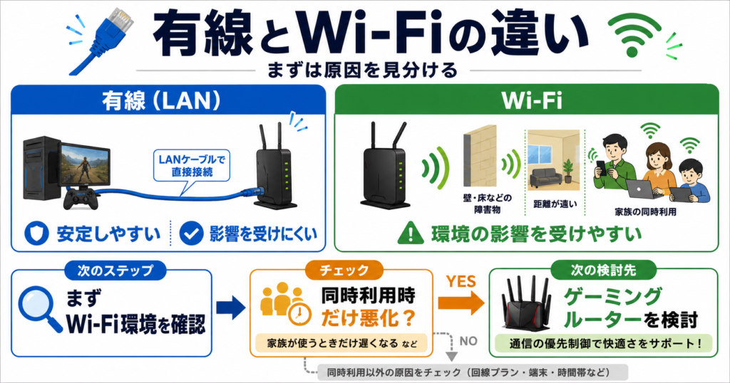 有線とWi-Fiの違いを比較し、Wi-Fi環境を見直した後も同時利用時だけ悪化する場合にゲーミングルーターを検討する流れを示した図