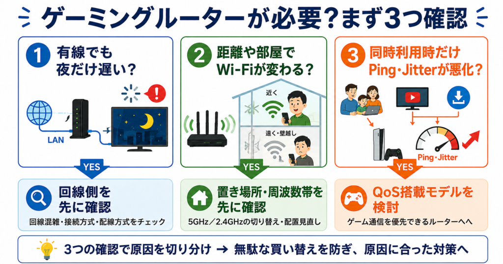 有線の夜間低下・Wi-Fiの距離差・同時利用時のPing・Jitter悪化を確認し、回線側・Wi-Fi環境・QoSのどれを優先するか判断する図