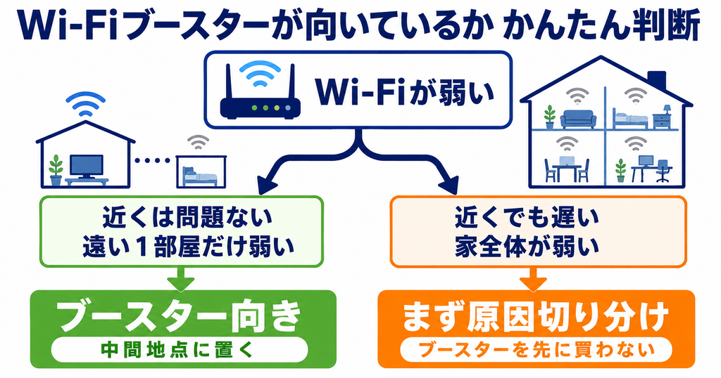 ルーターの近くでは問題なく遠い1部屋だけWi-Fiが弱い場合はブースター向きで中間地点に置き、近くでも遅い・家全体が弱い場合はブースターを先に買わず原因を切り分ける判断図