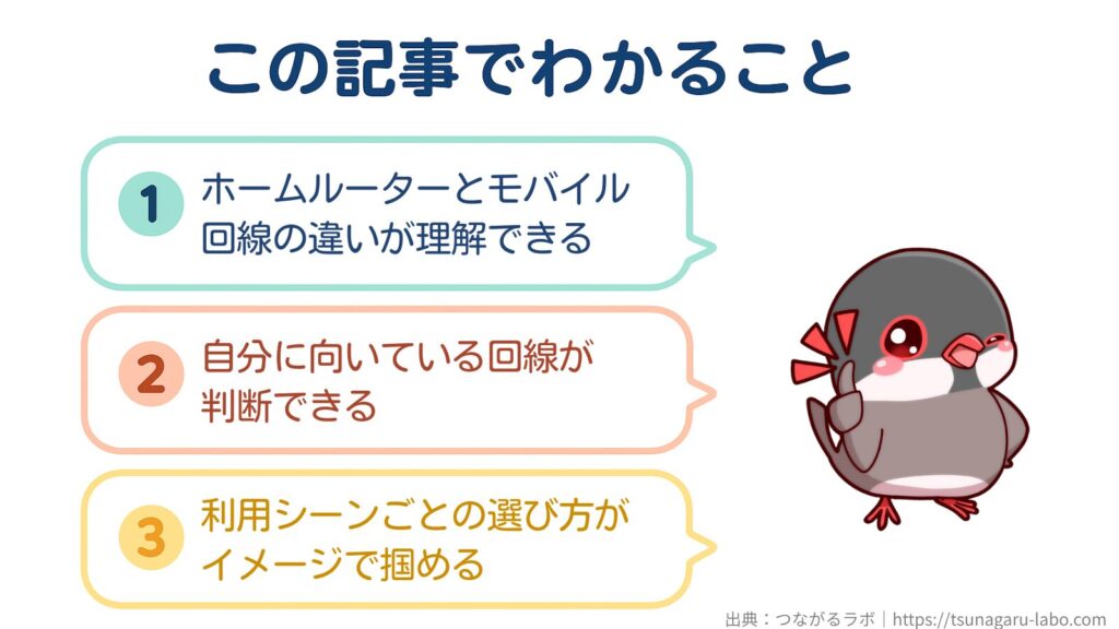 この記事でわかること
①ホームルーターとモバイル回線の違いが理解できる
②自分に向いている回線が判断できる
③利用シーンごとの選び方がイメージで掴める