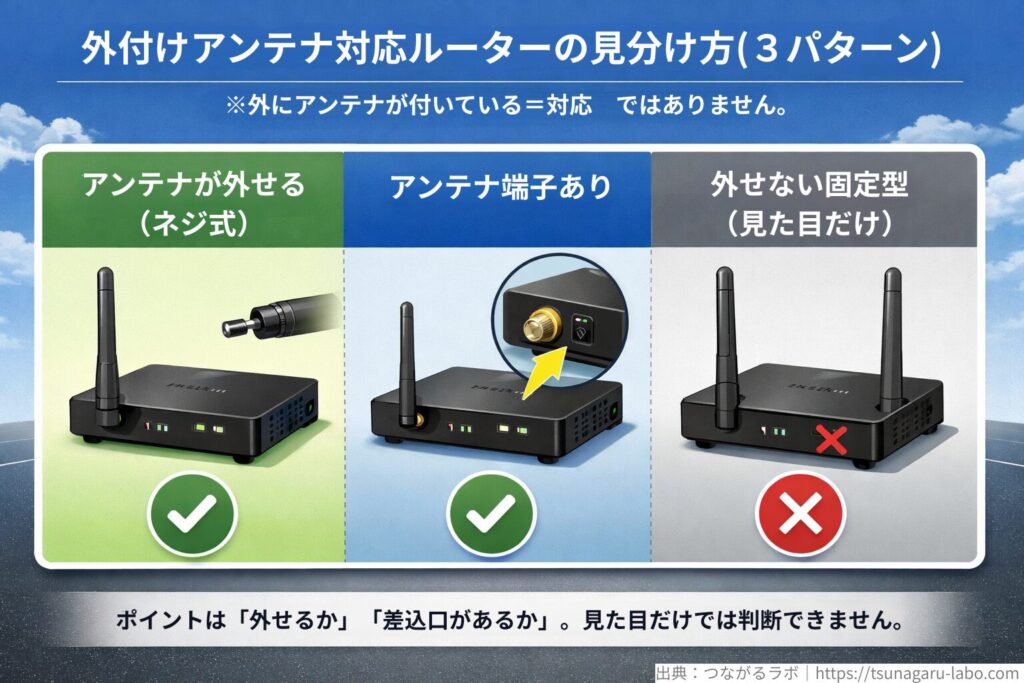 外付けアンテナ対応ルーターの見分け方を3パターンで比較した図。アンテナが外せるネジ式、本体にアンテナ端子があるタイプは対応、見た目だけで外せない固定型は非対応。
