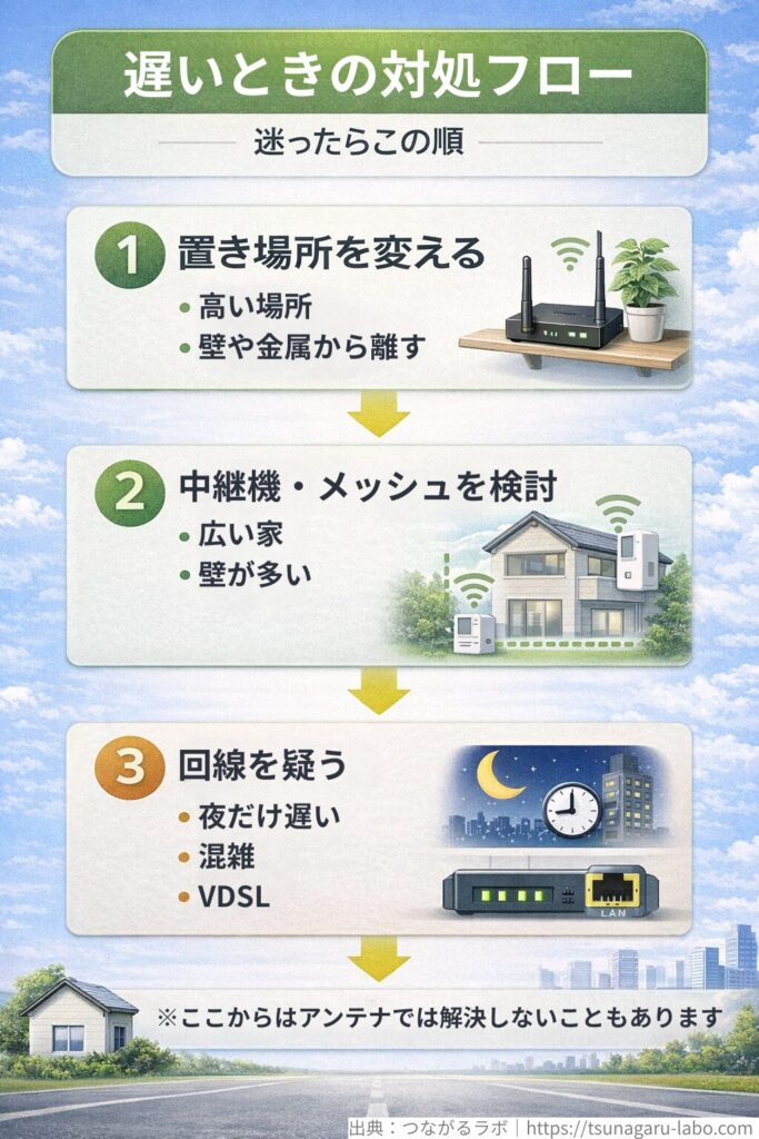 Wi-Fiが遅いときの対処フローを示した図。①ルーターの置き場所を変える、②中継機やメッシュWi-Fiを検討する、③回線の問題を疑う、という順で確認する流れを表している。