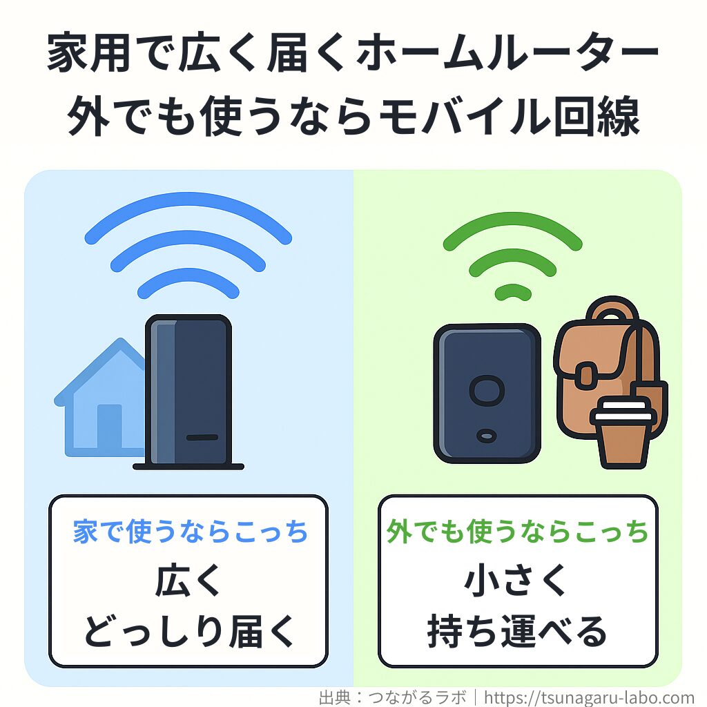 ホームルーターは家で広く電波が届き、モバイル回線は小さく持ち運べることを比較した図。左はホームルーターと家のアイコン、右はモバイルルーターとリュックのアイコンで違いを表現。