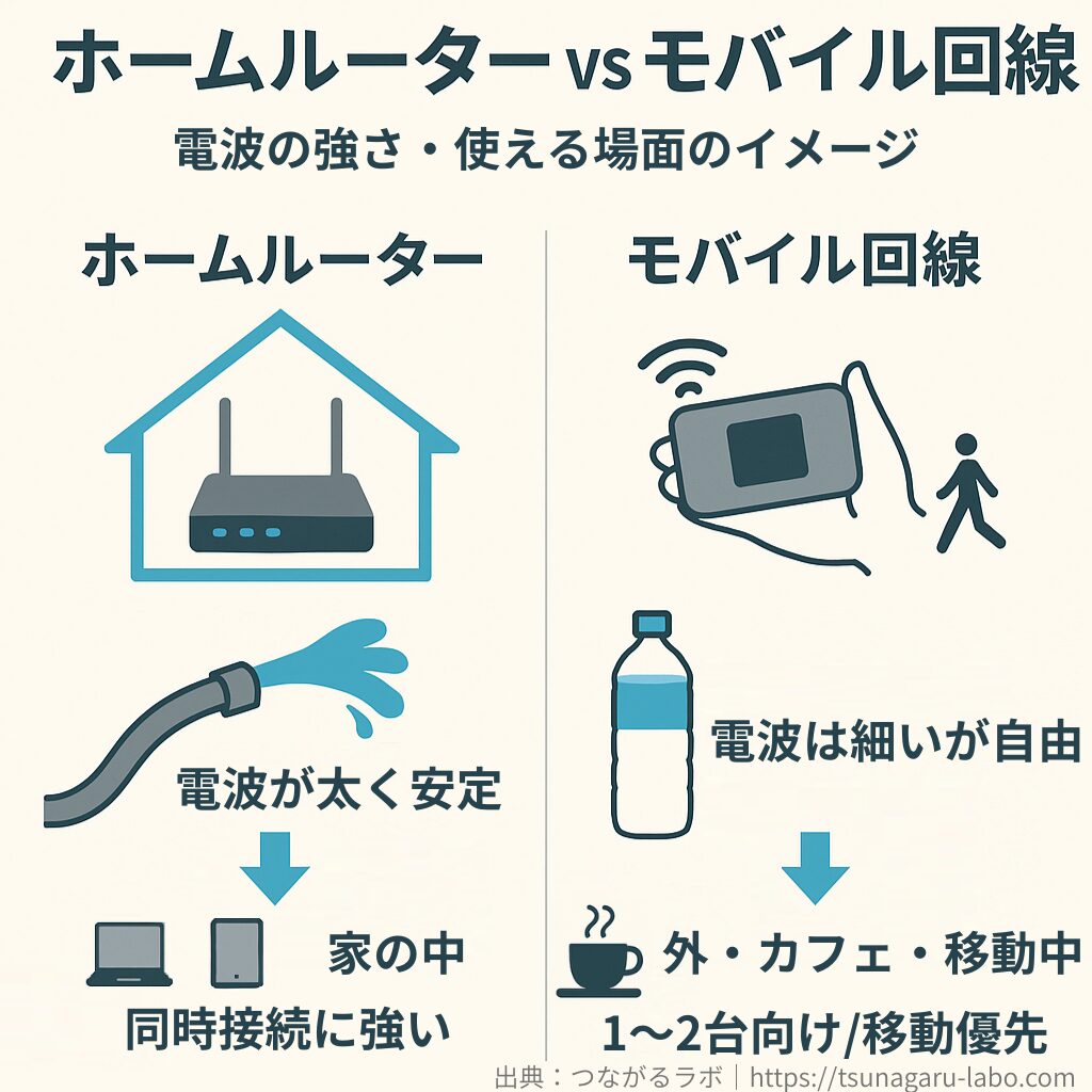 ホームルーターとモバイル回線の違いを図で比較。ホームルーターは家の中で電波が太く安定し、複数台接続に向く。モバイル回線は電波は細いが持ち運び自由で、外出先やカフェでの利用に適していることを示した図。
