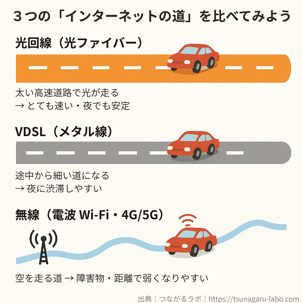 光回線・VDSL・無線Wi-Fiを太い高速道路・途中で細くなる道路・空を走る道にたとえ、光回線は速く安定しやすく、VDSLは夜に渋滞しやすく、無線は障害物や距離で弱くなりやすいことを示す図