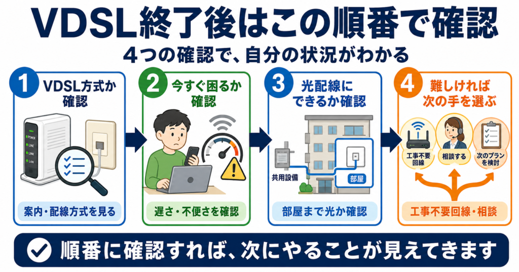 VDSL方式か、今すぐ困る状態か、光配線へ切り替えできるか、難しい場合の次の手を順番に確認する4ステップ図