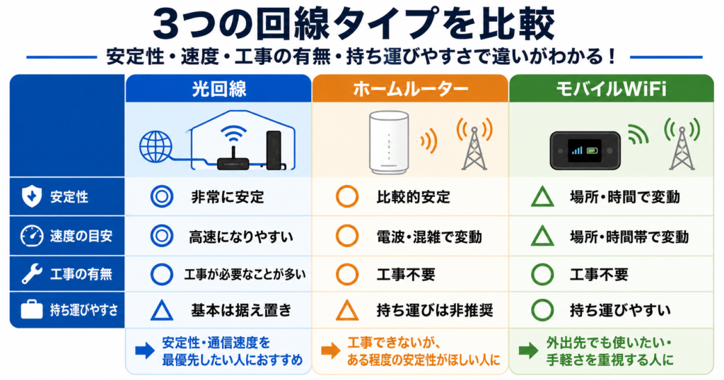 光回線・ホームルーター・モバイルWiFiを、安定性・速度の傾向・工事の有無・持ち運びやすさで比較した図。