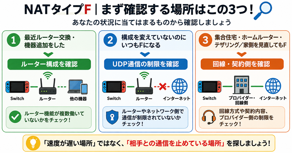 NATタイプFが出たときの確認先を示す判断図。ルーター交換や機器追加後はルーター構成、構成変更がなく常にFならUDP通信の制限、集合住宅・ホームルーター・テザリング利用時や家側を見直してもFなら回線・契約側を確認する。