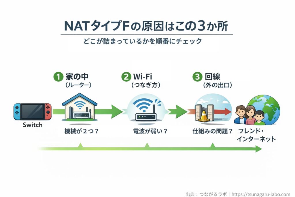 NATタイプFの原因を示した図。Switchからインターネットまでの流れの中で、①家の中(ルーター)、②Wi-Fiのつなぎ方、③回線の仕組みの3か所を順番に確認することを表している。