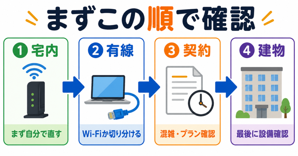 光にしたのに遅いときに、宅内・有線・契約・建物の順で確認する流れを示した図
