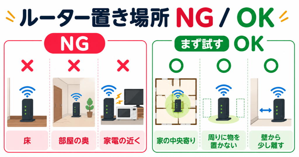 Wi-Fiルーターは床・部屋の奥・家電の近くを避け、家の中央寄りで周囲に物が少なく壁から離れた場所へ置くことを示した図