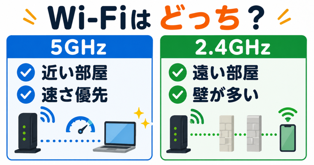 ルーターに近く速さを優先するなら5GHz、遠い部屋や壁が多い場合は2.4GHzを選ぶ目安を示した図