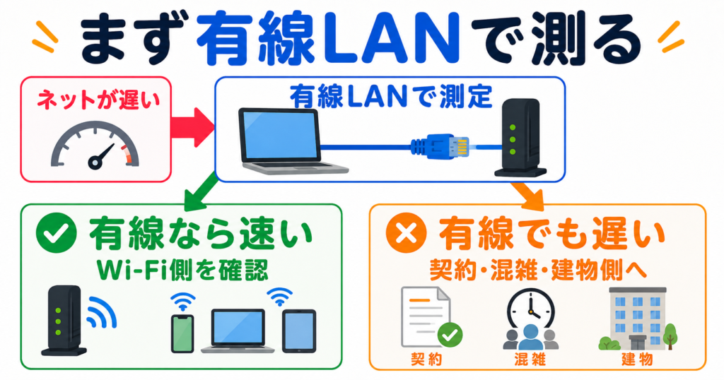 ネットが遅いときに有線LANで測り、有線なら速ければWi-Fi側、有線でも遅ければ契約・混雑・建物側を確認する切り分け図