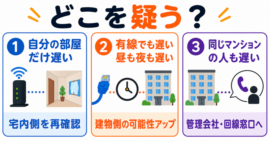自分の部屋だけ遅い場合は宅内側を再確認し、有線でも昼夜とも遅い場合や同じマンションの人も遅い場合は建物側を疑う判断図