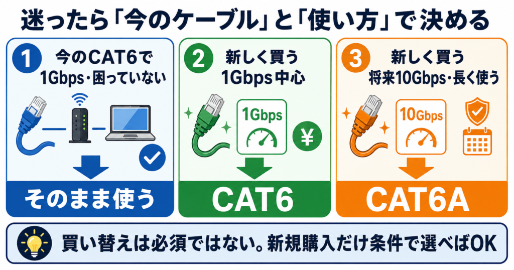 今のCAT6で1Gbps接続でき困っていなければそのまま使い、新しく買う場合は1Gbps中心ならCAT6、将来10Gbpsや長期利用を重視するならCAT6Aを選ぶ判断図。