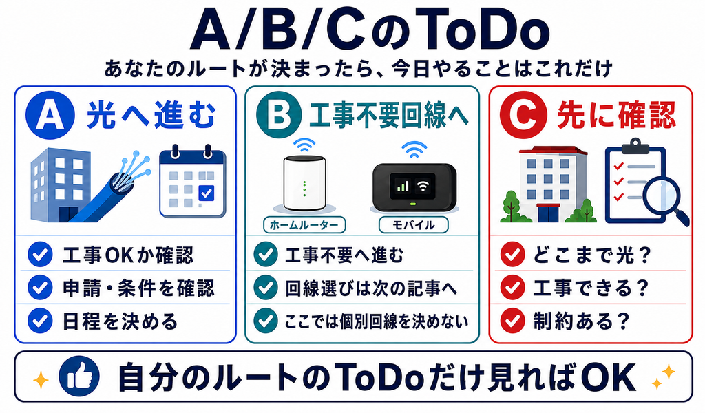 Aは光へ進む、Bは工事不要回線へ進む、Cは先に管理会社へ確認する、という3つのルートごとの次の行動を整理した図