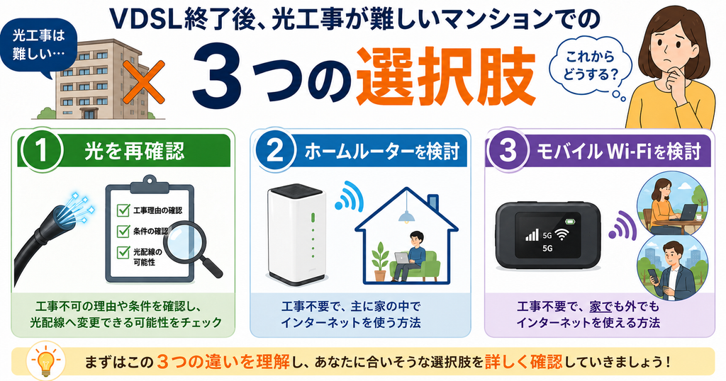 VDSL終了後、光工事が難しいマンションで考える3つの選択肢として、光の再確認・ホームルーター・モバイルWi-Fiを整理した図