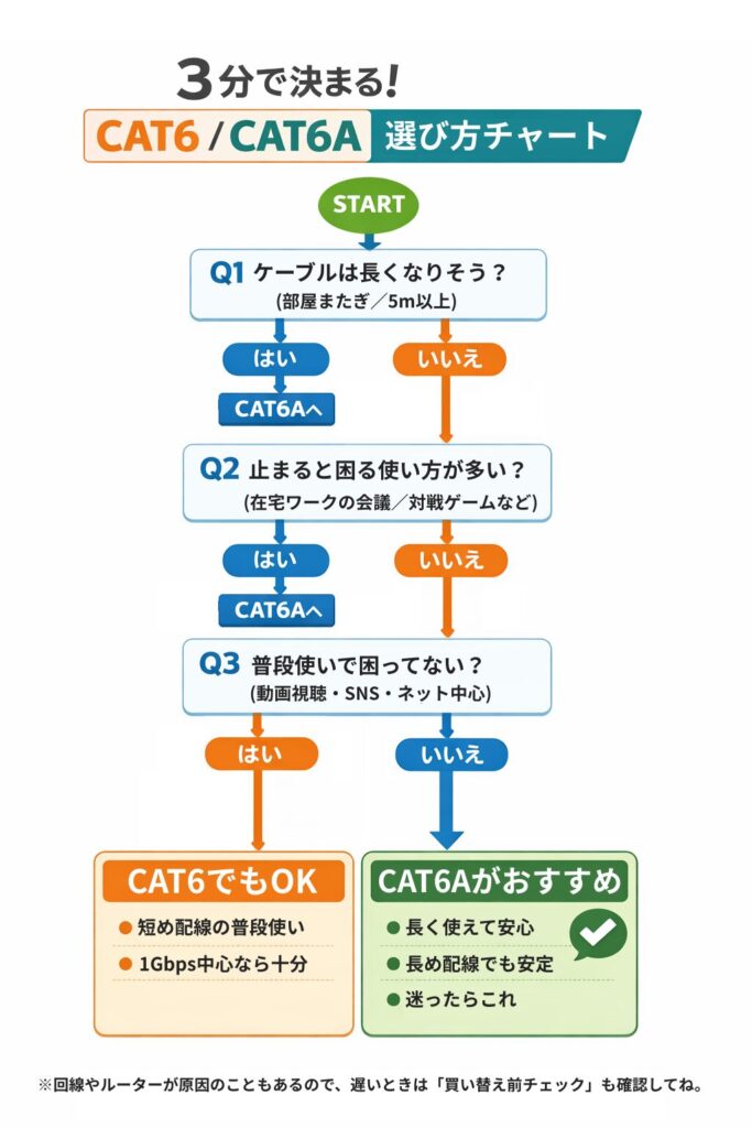 CAT6とCAT6Aの選び方を、配線の長さ・止まると困る用途・普段使いかどうかで判断するフローチャート