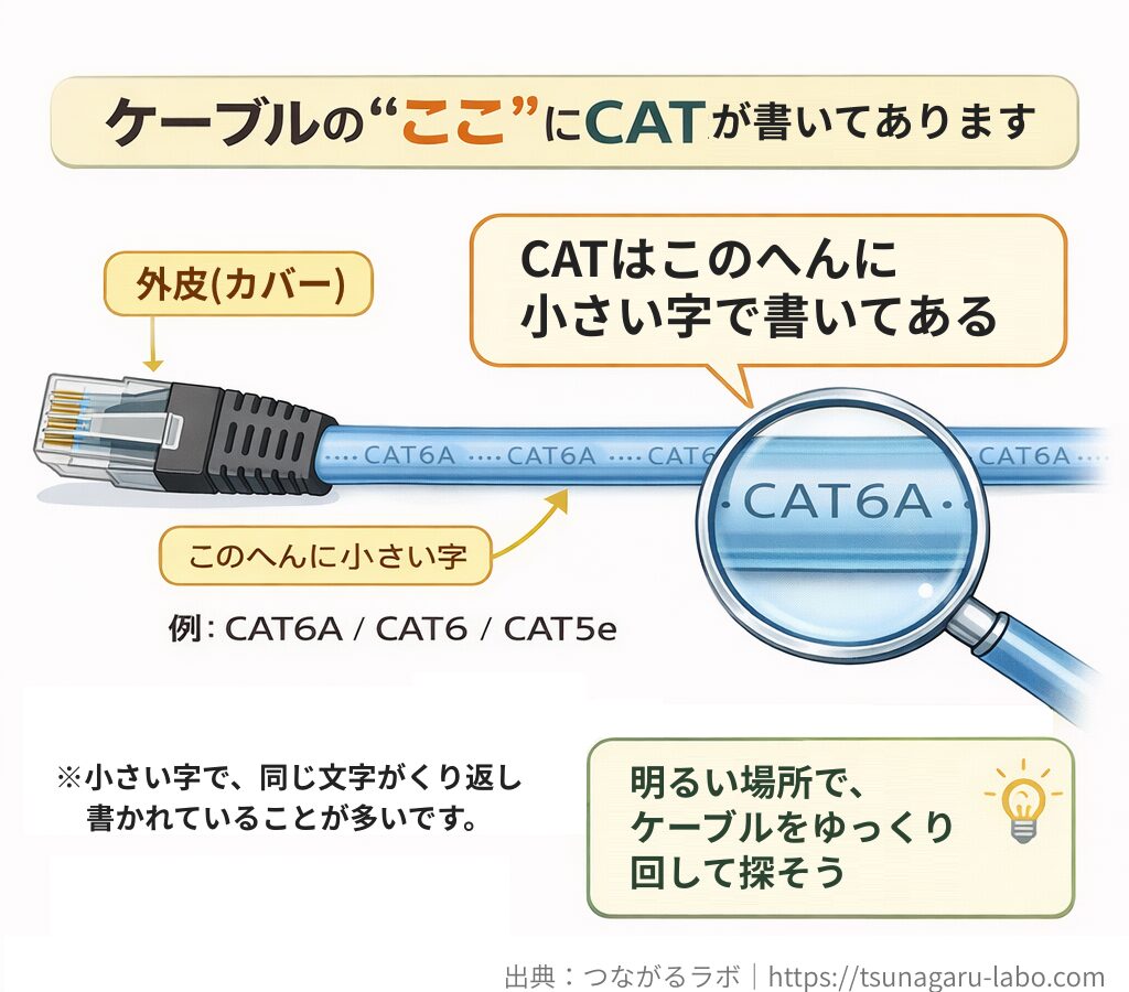 LANケーブルの外皮(カバー)にCATが小さい字で印字されている場所と、CAT6A/CAT6/CAT5eの例を示す図