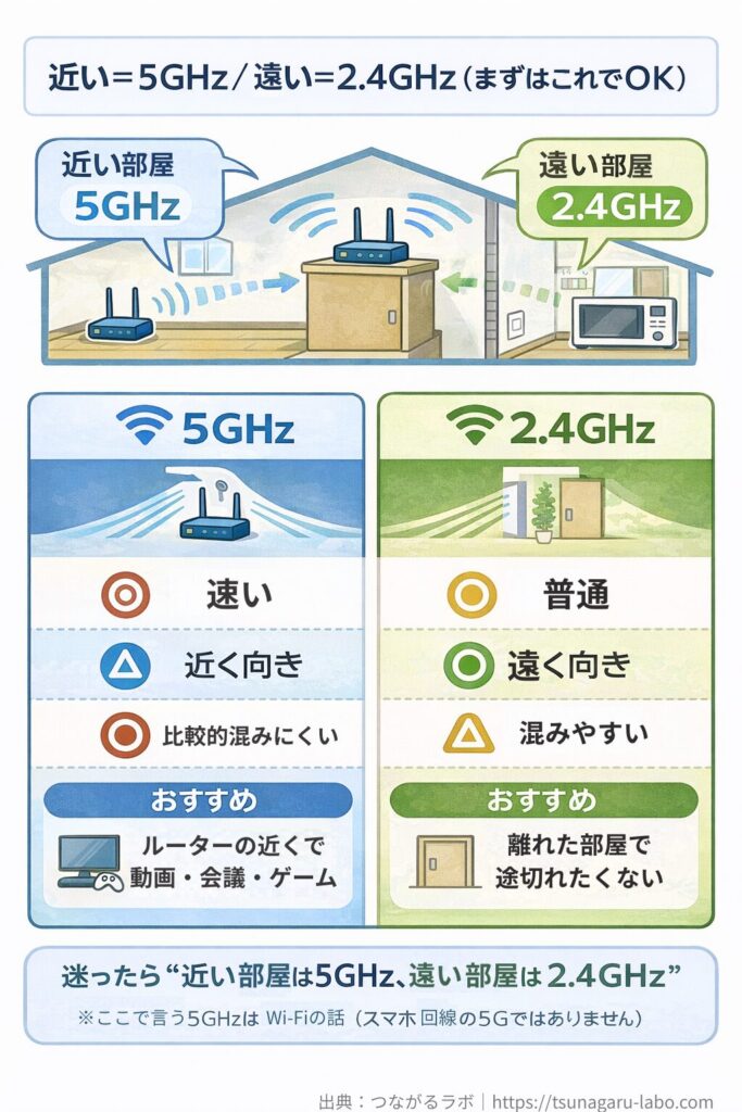Wi-Fiの5GHzと2.4GHzの違いを比較した早見表（近い部屋は5GHz、遠い部屋は2.4GHz）