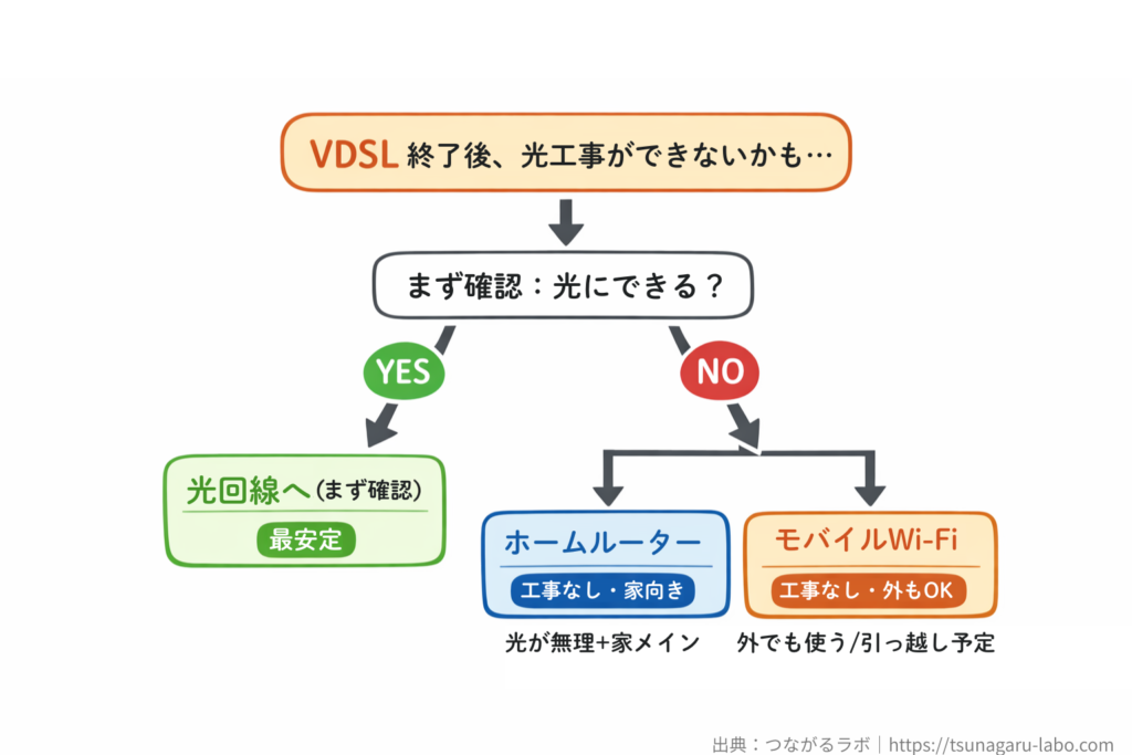 VDSL終了後、光工事できないときの選択肢3つ（光確認・ホームルーター・モバイルWi-Fi）