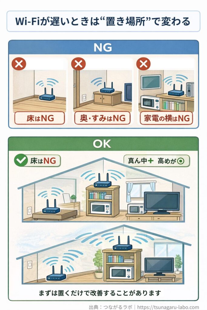 Wi-Fiルーターの置き場所NG/OK（床・奥・家電横はNG、家の真ん中で高めはOK）を示す図