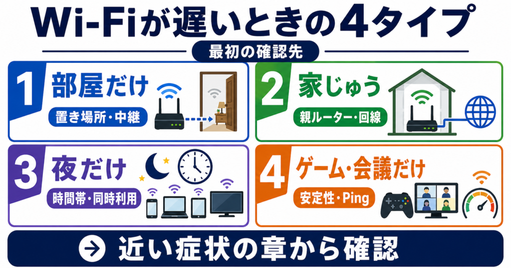 Wi-Fiが遅い症状を「1部屋だけ・家じゅう・夜だけ・ゲームや会議だけ」の4タイプに分け、最初に確認する場所を示す図。