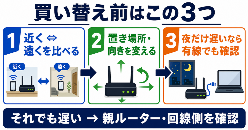 Wi-Fiルーターを買い替える前に、近くと遠くを比べ、置き場所や向きを変え、夜だけ遅い場合は有線でも測る3ステップを示す図。