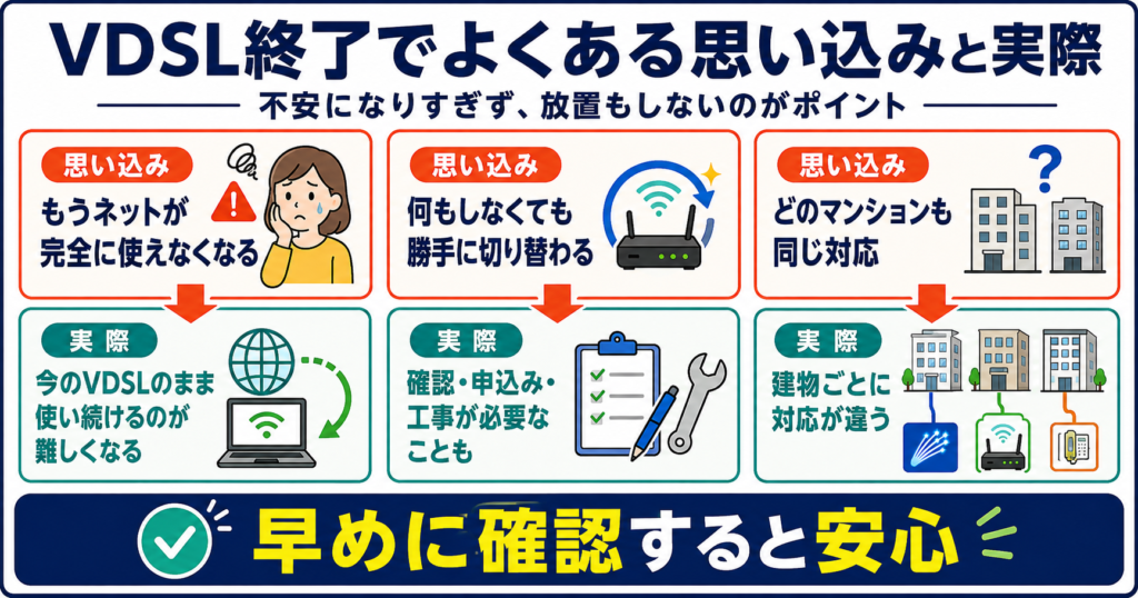 VDSL終了はネットの完全停止や自動切替を意味せず、必要な対応は建物ごとに異なるため早めの確認が大切なことを示した図