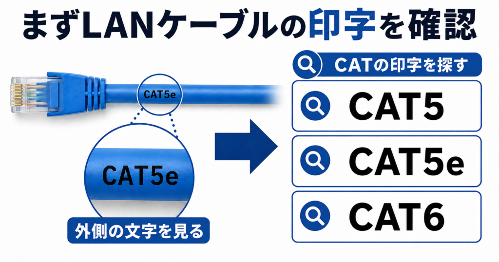 LANケーブルの外皮にあるCAT表記の確認位置と、探す文字の例としてCAT5・CAT5e・CAT6を示す図。