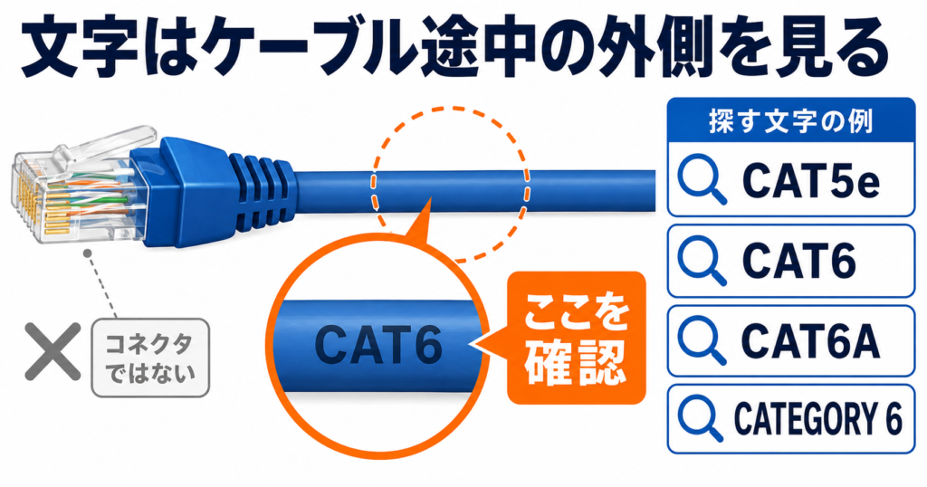 LANケーブルの規格を確認するときに、コネクタではなくケーブル途中の外皮にあるCAT5e・CAT6・CAT6A・CATEGORY 6などの印字を探す位置を示す図。