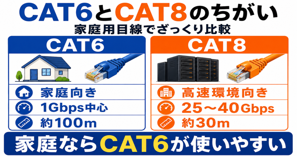 CAT6は家庭向きで1Gbps中心・約100m、CAT8は25〜40Gbpsの短距離高速環境向きであることを比較した図