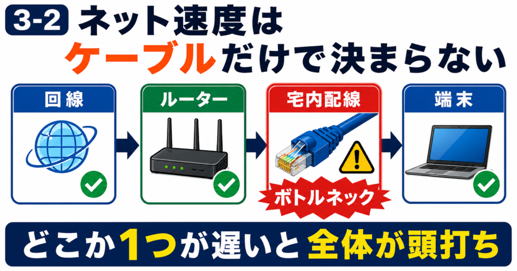 ネット速度は回線・ルーター・宅内配線・端末の組み合わせで決まり、どこかがボトルネックになると全体の速度が頭打ちになることを示した図