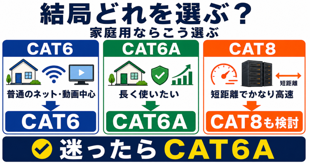 家庭用LANケーブルは普段使いならCAT6、長く使いたいならCAT6A、短距離でかなり高速な通信が必要ならCAT8を検討する選び方を示した図